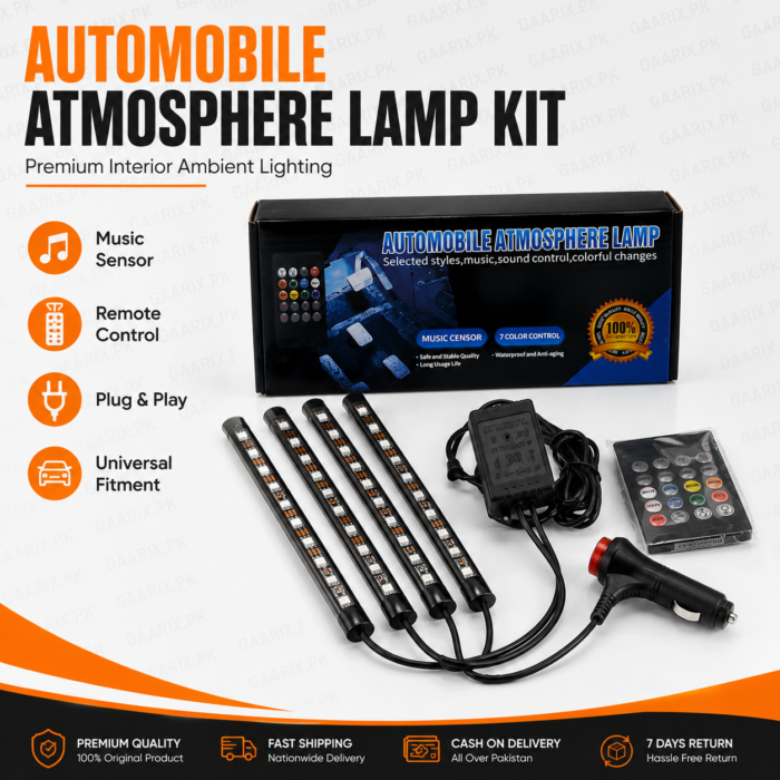 ATMOSPHERE-LAMP-KIT Automobile Atmosphere Lamp Kit with Music Sensor, Wireless Remote Control, 4 LED Light Bars and Universal 12V Plug for Car Interior Ambient Lighting