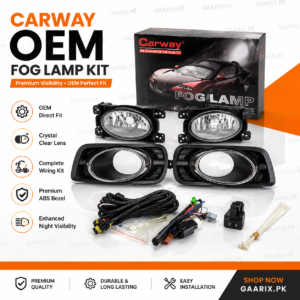 Carway OEM Fog Lamp Kit for Honda City 2012–2013 with complete wiring harness, relay, switch, OEM ABS bezels and crystal clear fog lamps.