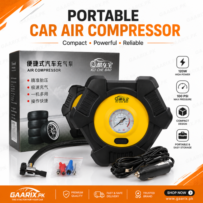KU-CHE-BAO-Air-Compressor-Main KU CHE BAO Portable Car Air Compressor KCB-8104 120W 12V 100 PSI Analog Tire Inflator Pump with Built-in Hose Storage