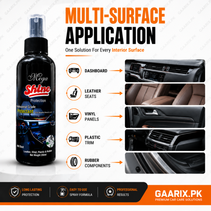 Megashine-Car-Protectant-Application Mega Shine Protection 250ml Professional Grade Interior Protectant Spray for Dashboard, Leather, Vinyl, Plastic and Rubber Surfaces