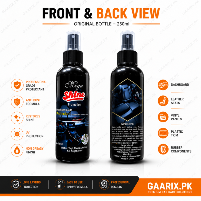 Megashine-Car-Protectant-Front-Back-View Mega Shine Protection 250ml Professional Grade Interior Protectant Spray for Dashboard, Leather, Vinyl, Plastic and Rubber Surfaces