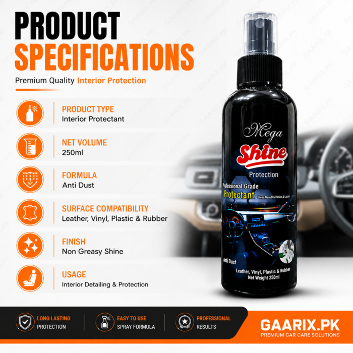 Megashine-Car-Protectant-Product-Specification Mega Shine Protection 250ml Professional Grade Interior Protectant Spray for Dashboard, Leather, Vinyl, Plastic and Rubber Surfaces