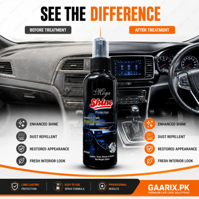 Megashine-Car-Protectant-See-Difference Mega Shine Protection 250ml Professional Grade Interior Protectant Spray for Dashboard, Leather, Vinyl, Plastic and Rubber Surfaces