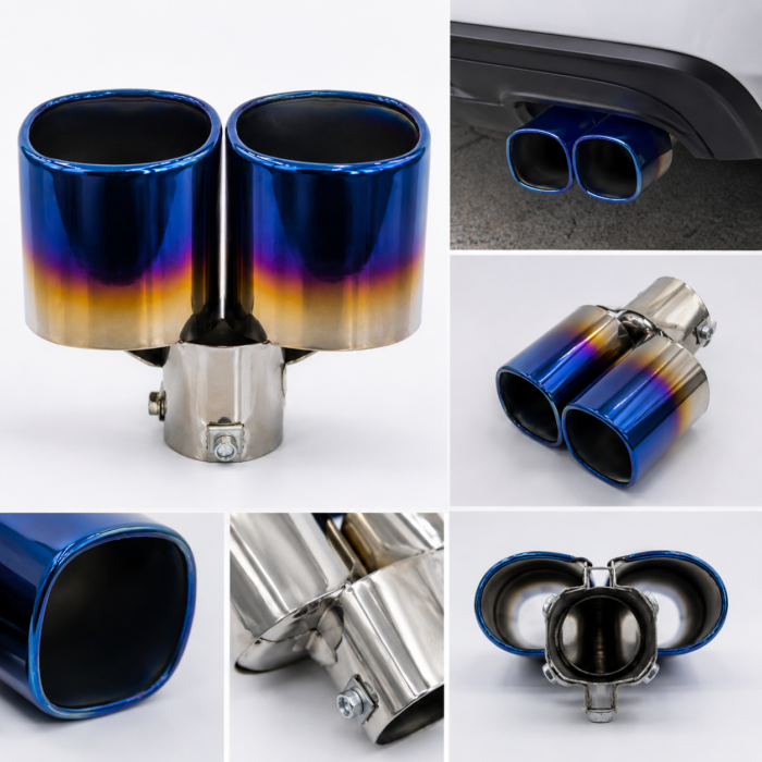Universal Dual Burnt Blue Stainless Steel Exhaust Tip Clamp-On Muffler Tail Pipe for Cars