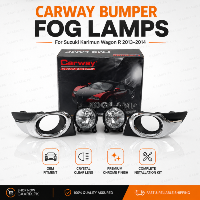 Wagno-R-2013-Bumper-Fog-Lamps Carway Bumper Fog Lamp Kit for Suzuki Karimun Wagon R 2013–2014 with OEM fog lamps and chrome bumper bezels.