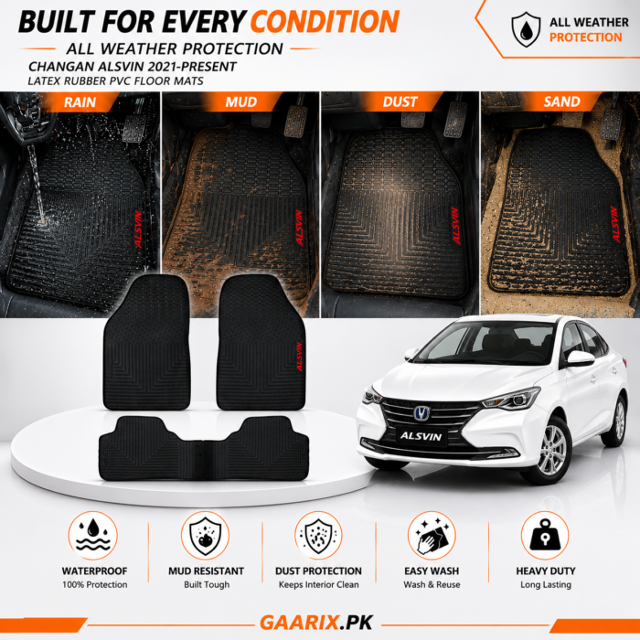 Changan Alsvin 2021–Present Latex Rubber PVC Floor Mats – Custom Fit Waterproof Heavy Duty Premium custom-fit Changan Alsvin 2021–Present Latex Rubber PVC Floor Mats with waterproof heavy-duty PVC material, anti-slip backing, reinforced heel pad, and OEM fit.