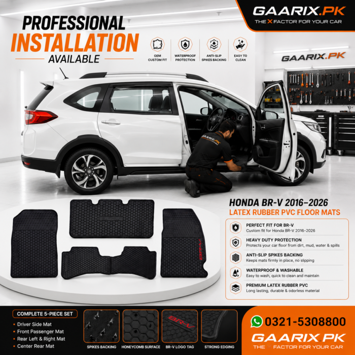 honda-br-v-2016-2026-latex-rubber-pvc-floor-mats-installation Honda BR-V 2016–2026 Latex Rubber PVC Floor Mats custom OEM fit waterproof heavy duty anti-slip black car floor mats for Pakistan