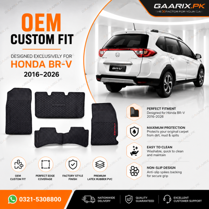 honda-br-v-2016-2026-latex-rubber-pvc-floor-mats-oem-fit Honda BR-V 2016–2026 Latex Rubber PVC Floor Mats custom OEM fit waterproof heavy duty anti-slip black car floor mats for Pakistan