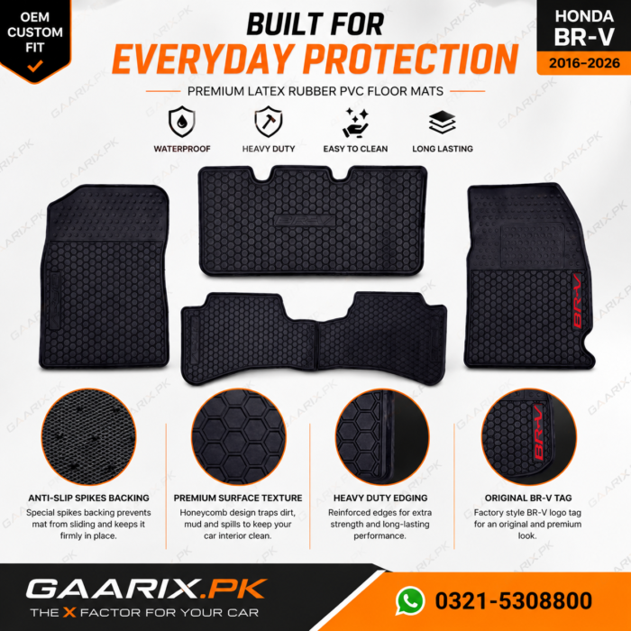 honda-br-v-2016-2026-latex-rubber-pvc-floor-mats-weather-protection Honda BR-V 2016–2026 Latex Rubber PVC Floor Mats custom OEM fit waterproof heavy duty anti-slip black car floor mats for Pakistan