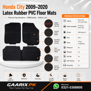 Honda City 2009–2020 Latex Rubber PVC Floor Mats with OEM custom fit, waterproof heavy-duty PVC latex construction and anti-slip backing for right-hand drive models.