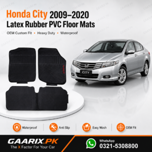 Honda City 2009–2020 Latex Rubber PVC Floor Mats with OEM custom fit, waterproof heavy-duty PVC latex construction and anti-slip backing for right-hand drive models.