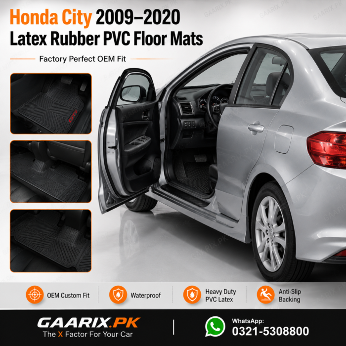 Honda City 2009–2020 Latex Rubber PVC Floor Mats | OEM Custom Fit | GAARIX.PK Honda City 2009–2020 Latex Rubber PVC Floor Mats with OEM custom fit, waterproof heavy-duty PVC latex construction and anti-slip backing for right-hand drive models.