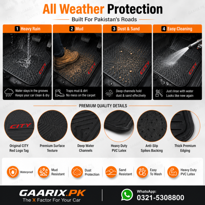 honda-city-2009-2020-latex-rubber-pvc-floor-mats-weather-protection Honda City 2009–2020 Latex Rubber PVC Floor Mats with OEM custom fit, waterproof heavy-duty PVC latex construction and anti-slip backing for right-hand drive models.