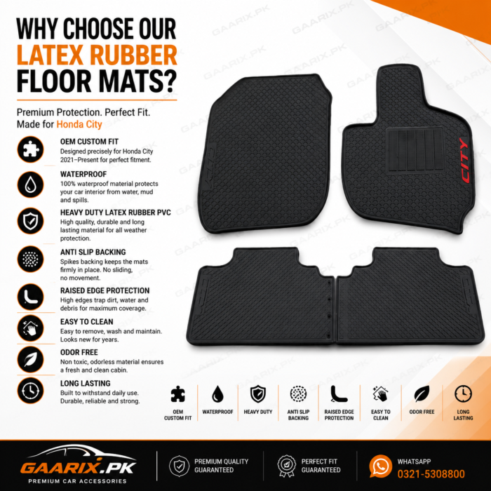 Honda City 2021–Present Latex Rubber PVC Floor Mats – Custom Fit Waterproof Heavy Duty Honda City 2021–Present Latex Rubber PVC Floor Mats with custom OEM fit, waterproof heavy-duty all-weather car floor mats.