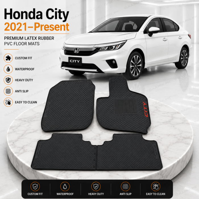 Honda City 2021–Present Latex Rubber PVC Floor Mats – Custom Fit Waterproof Heavy Duty Honda City 2021–Present Latex Rubber PVC Floor Mats with custom OEM fit, waterproof heavy-duty all-weather car floor mats.