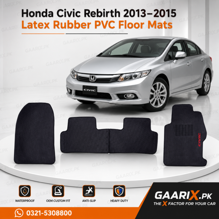 honda-civic-rebirth-2013-2015-latex-rubber-floor-mats-hero Honda Civic Rebirth 2013–2015 Latex Rubber PVC Floor Mats – OEM Custom Fit Waterproof Heavy Duty Car Floor Mats in Pakistan