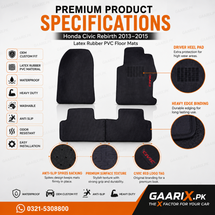 honda-civic-rebirth-2013-2015-latex-rubber-floor-mats-specifications Honda Civic Rebirth 2013–2015 Latex Rubber PVC Floor Mats – OEM Custom Fit Waterproof Heavy Duty Car Floor Mats in Pakistan
