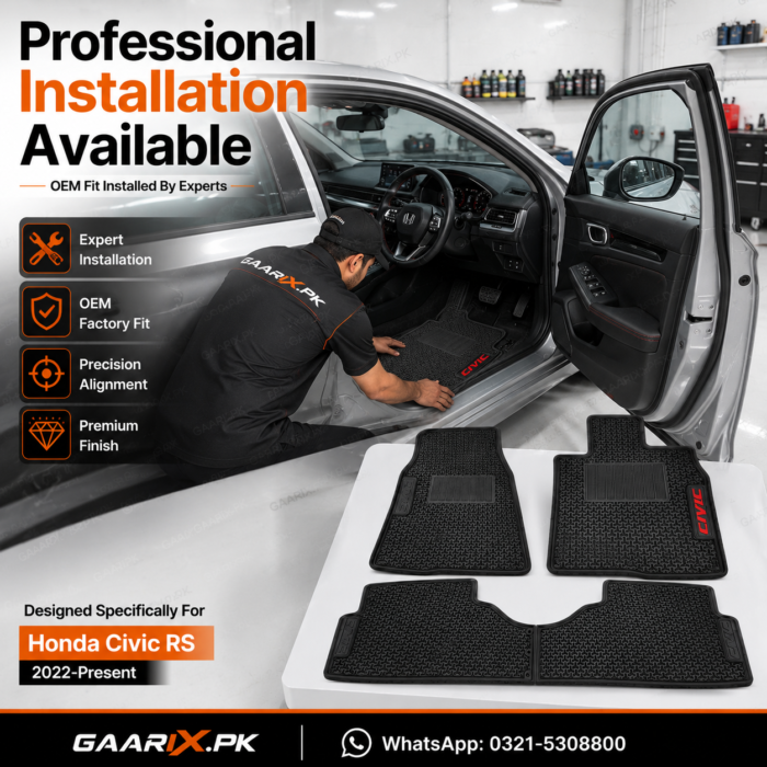 honda-civic-rs-2022-present-latex-rubber-pvc-floor-mats-installation Honda Civic RS 2022–Present OEM Custom Fit Latex Rubber PVC Waterproof Heavy Duty Black Floor Mats 3-Piece Set