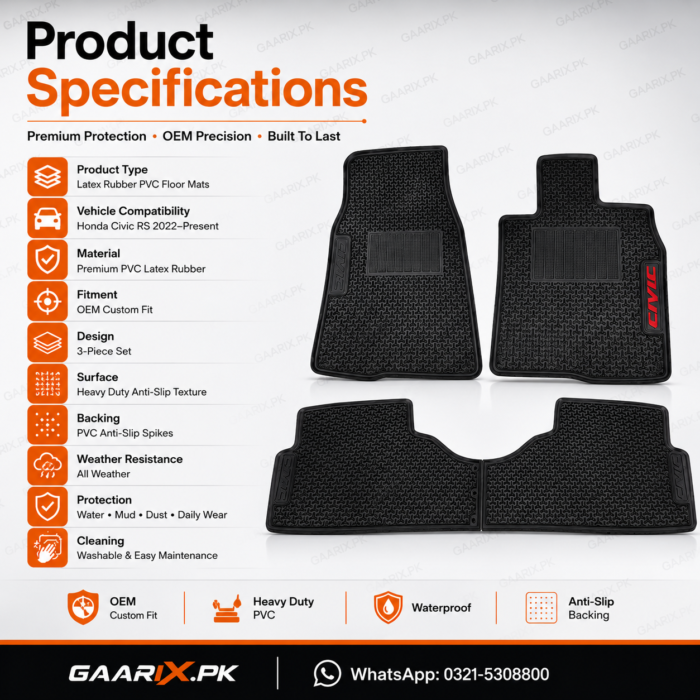 honda-civic-rs-2022-present-latex-rubber-pvc-floor-mats-specifications Honda Civic RS 2022–Present OEM Custom Fit Latex Rubber PVC Waterproof Heavy Duty Black Floor Mats 3-Piece Set