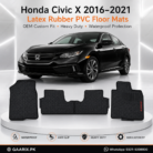 Honda Civic X 2016–2021 Latex Rubber PVC Floor Mats with OEM custom fit, waterproof heavy-duty PVC latex construction, anti-slip spikes backing, and original CIVIC logo for Pakistan RHD models.