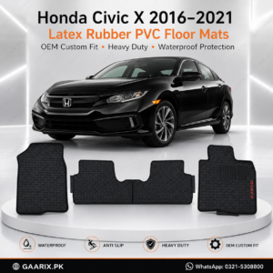 Honda Civic X 2016–2021 Latex Rubber PVC Floor Mats with OEM custom fit, waterproof heavy-duty PVC latex construction, anti-slip spikes backing, and original CIVIC logo for Pakistan RHD models.