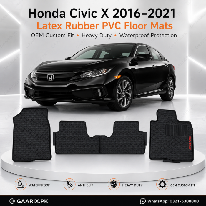 honda-civic-x-2016-2021-latex-rubber-pvc-floor-mats-hero Honda Civic X 2016–2021 Latex Rubber PVC Floor Mats with OEM custom fit, waterproof heavy-duty PVC latex construction, anti-slip spikes backing, and original CIVIC logo for Pakistan RHD models.