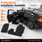 Honda Civic X 2016–2021 Latex Rubber PVC Floor Mats with OEM custom fit, waterproof heavy-duty PVC latex construction, anti-slip spikes backing, and original CIVIC logo for Pakistan RHD models.