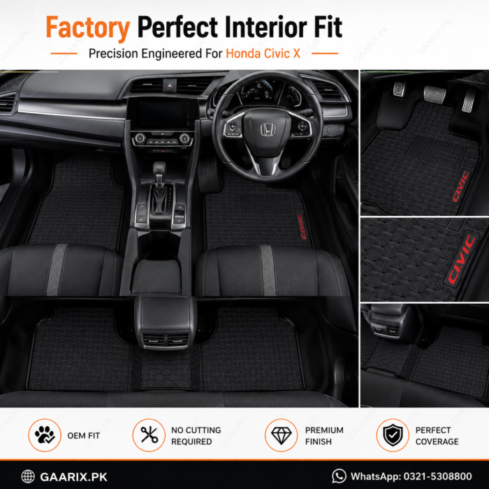 honda-civic-x-2016-2021-latex-rubber-pvc-floor-mats-interior-fit Honda Civic X 2016–2021 Latex Rubber PVC Floor Mats with OEM custom fit, waterproof heavy-duty PVC latex construction, anti-slip spikes backing, and original CIVIC logo for Pakistan RHD models.