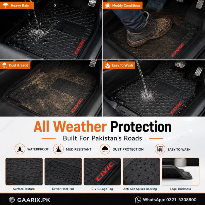 honda-civic-x-2016-2021-latex-rubber-pvc-floor-mats-weather-protection Honda Civic X 2016–2021 Latex Rubber PVC Floor Mats with OEM custom fit, waterproof heavy-duty PVC latex construction, anti-slip spikes backing, and original CIVIC logo for Pakistan RHD models.