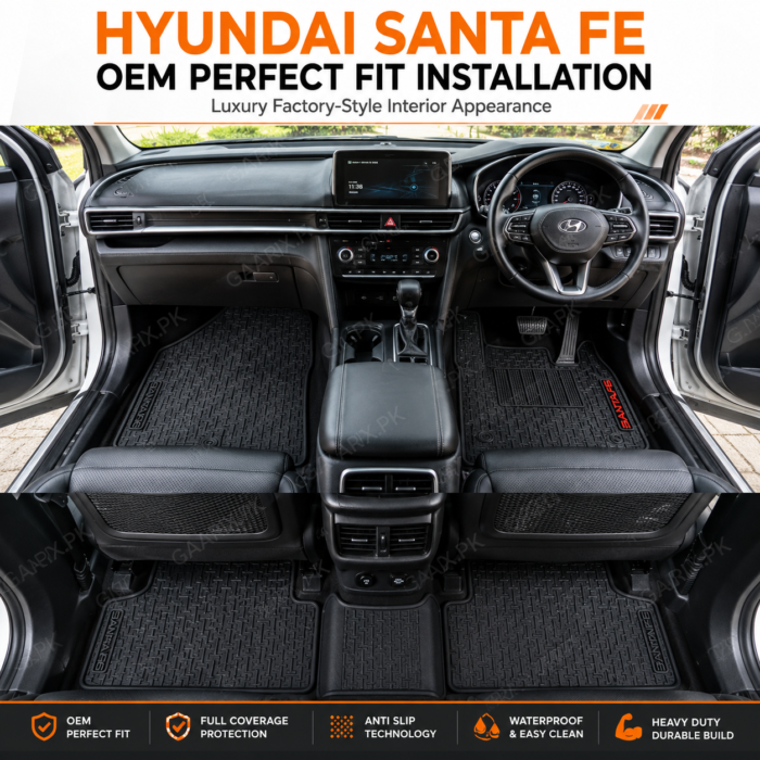 Hyundai Santa Fe Latex Rubber PVC Floor Mats Hyundai Santa Fe custom-fit Latex Rubber PVC waterproof heavy-duty floor mats 6-piece set