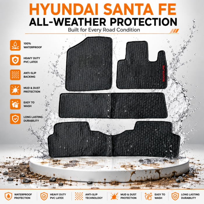 Hyundai Santa Fe Latex Rubber PVC Floor Mats Hyundai Santa Fe custom-fit Latex Rubber PVC waterproof heavy-duty floor mats 6-piece set