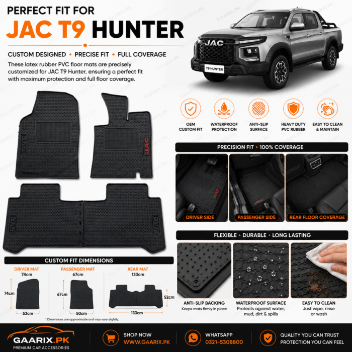 JAC T9 Hunter Latex Rubber PVC Floor Mats – Custom Fit Waterproof Heavy Duty