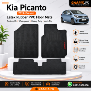 Kia Picanto 2019–Present Custom Fit Latex Rubber PVC Floor Mats – Waterproof Heavy Duty Black Car Mats