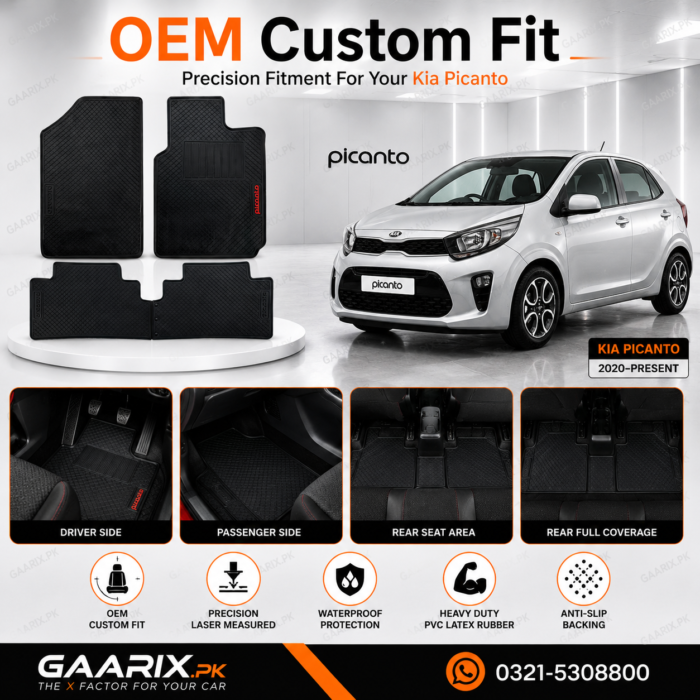 Kia Picanto 2019–Present Custom Fit Latex Rubber PVC Floor Mats – Waterproof Heavy Duty Black Car Mats