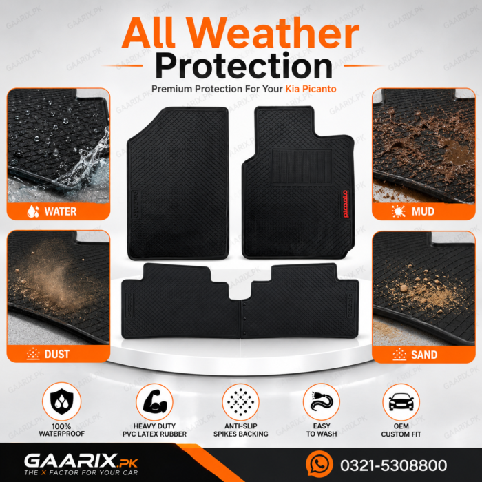 Kia Picanto 2019–Present Custom Fit Latex Rubber PVC Floor Mats – Waterproof Heavy Duty Black Car Mats