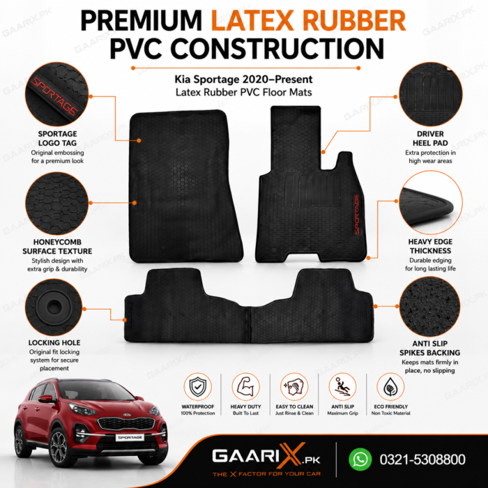kia-sportage-2020-present-latex-rubber-pvc-floor-mats-features Kia Sportage 2020–Present Latex Rubber PVC Floor Mats OEM custom fit waterproof heavy-duty black car floor mats for Pakistan