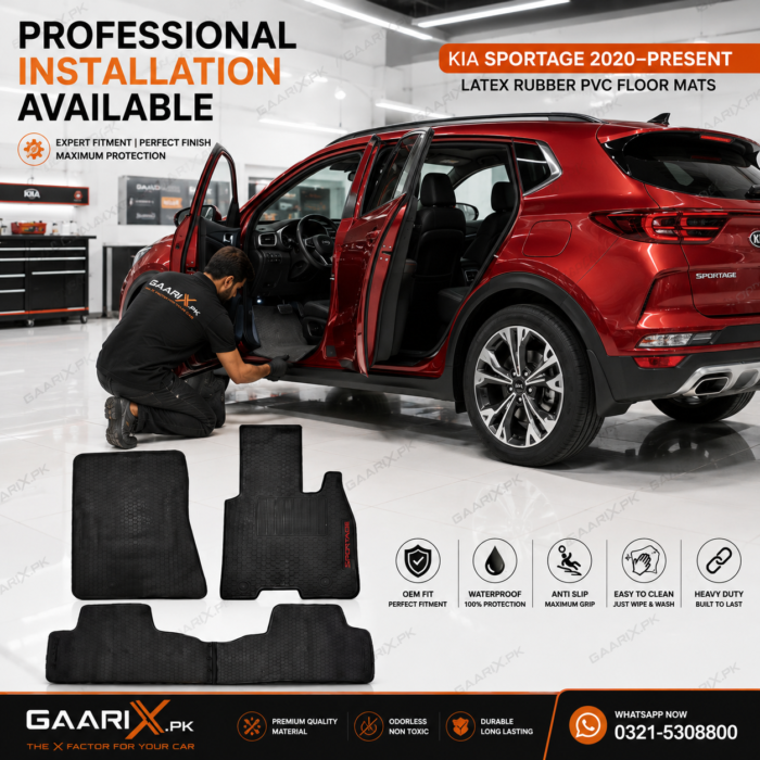 kia-sportage-2020-present-latex-rubber-pvc-floor-mats-installation Kia Sportage 2020–Present Latex Rubber PVC Floor Mats OEM custom fit waterproof heavy-duty black car floor mats for Pakistan