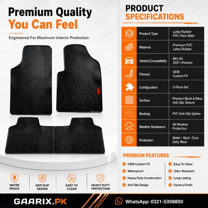 MG HS 2021–Present Latex Rubber PVC Floor Mats OEM Custom Fit Waterproof Heavy Duty