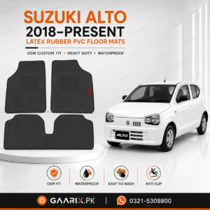 Suzuki Alto 2018–Present OEM Custom Fit Latex Rubber PVC Floor Mats in Black with Waterproof Heavy-Duty Anti-Slip Design.