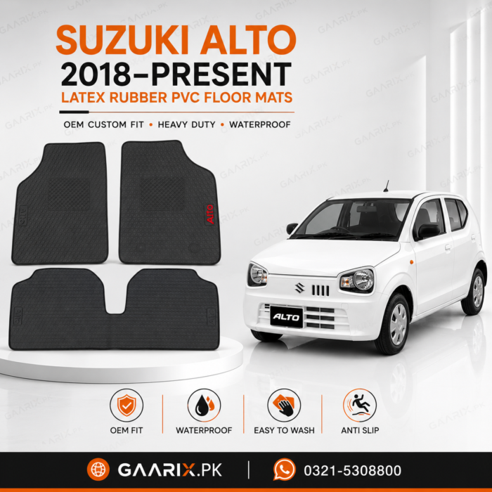 suzuki-alto-2018-present-latex-rubber-pvc-floor-mats Suzuki Alto 2018–Present OEM Custom Fit Latex Rubber PVC Floor Mats in Black with Waterproof Heavy-Duty Anti-Slip Design.