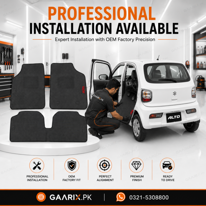 suzuki-alto-2018-present-latex-rubber-pvc-floor-mats-installation Suzuki Alto 2018–Present OEM Custom Fit Latex Rubber PVC Floor Mats in Black with Waterproof Heavy-Duty Anti-Slip Design.