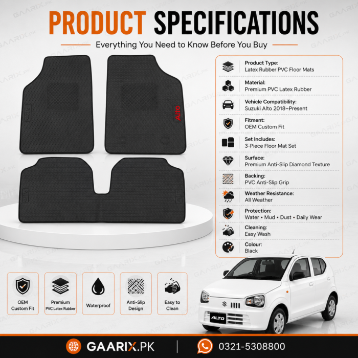 suzuki-alto-2018-present-latex-rubber-pvc-floor-mats-specifications Suzuki Alto 2018–Present OEM Custom Fit Latex Rubber PVC Floor Mats in Black with Waterproof Heavy-Duty Anti-Slip Design.