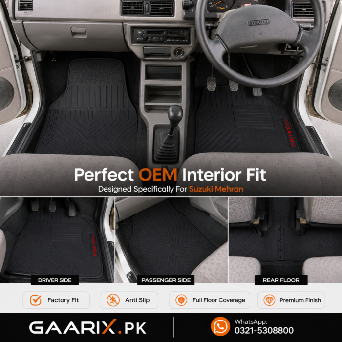 Suzuki Mehran Latex Rubber PVC Floor Mats – OEM Custom Fit Waterproof Heavy Duty Car Floor Mats for 1990–2019 Models.