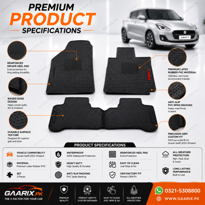Suzuki Swift 2022–Present Latex Rubber PVC Floor Mats 3-Piece Custom Fit Waterproof Heavy Duty Black