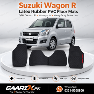 Suzuki Wagon R 2014–Present Latex Rubber PVC Floor Mats with OEM custom fit, waterproof honeycomb surface, and anti-slip backing.