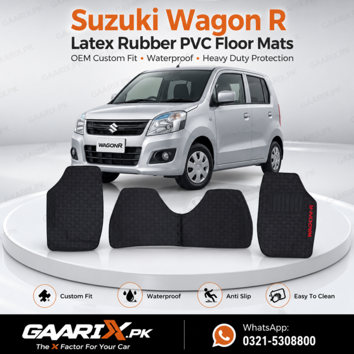 Suzuki Wagon R 2014–Present Latex Rubber PVC Floor Mats with OEM custom fit, waterproof honeycomb surface, and anti-slip backing.