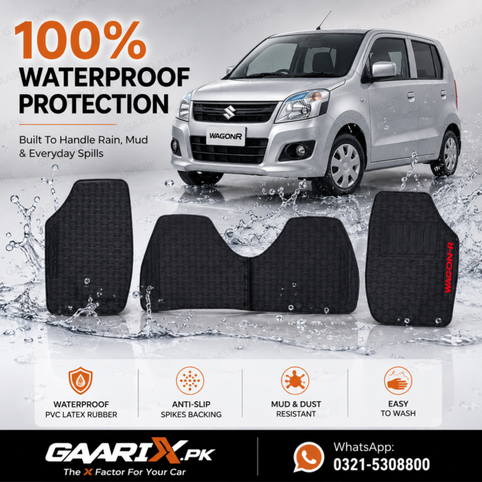 Suzuki Wagon R 2014–Present Latex Rubber PVC Floor Mats with OEM custom fit, waterproof honeycomb surface, and anti-slip backing.