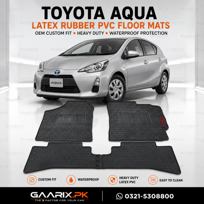 toyota-aqua-latex-rubber-pvc-floor-mats-hero-image Toyota Aqua Premium Latex Rubber PVC Floor Mats Custom Fit Waterproof Heavy Duty Black 3-Piece Set