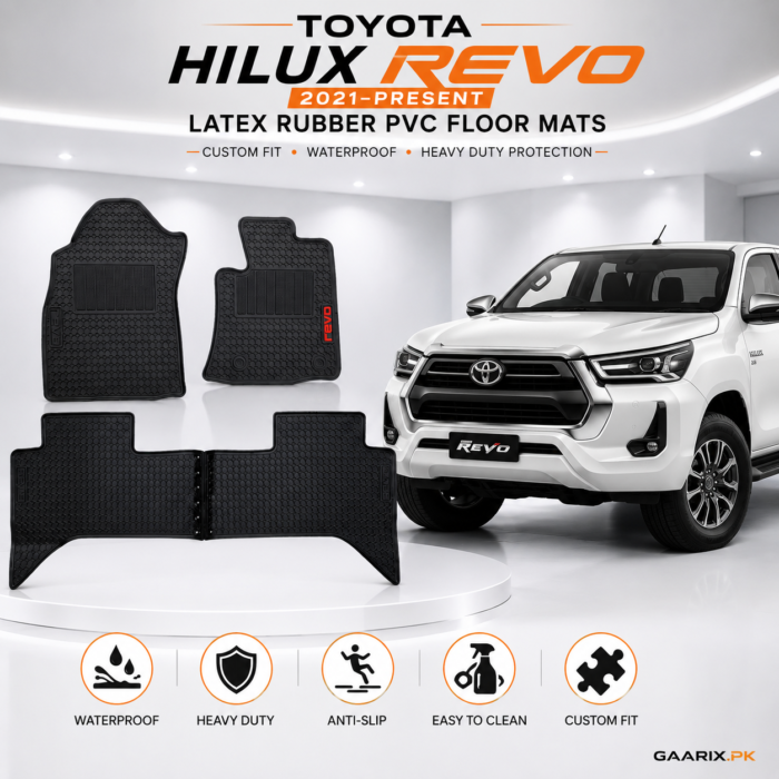 Toyota Hilux Revo 2021–Present Custom Fit 4-Piece Latex Rubber PVC Floor Mats with Waterproof Heavy-Duty Anti-Slip All-Weather Protection