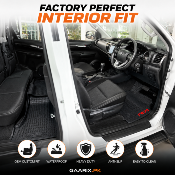 Toyota Hilux Revo 2021–Present Custom Fit 4-Piece Latex Rubber PVC Floor Mats with Waterproof Heavy-Duty Anti-Slip All-Weather Protection